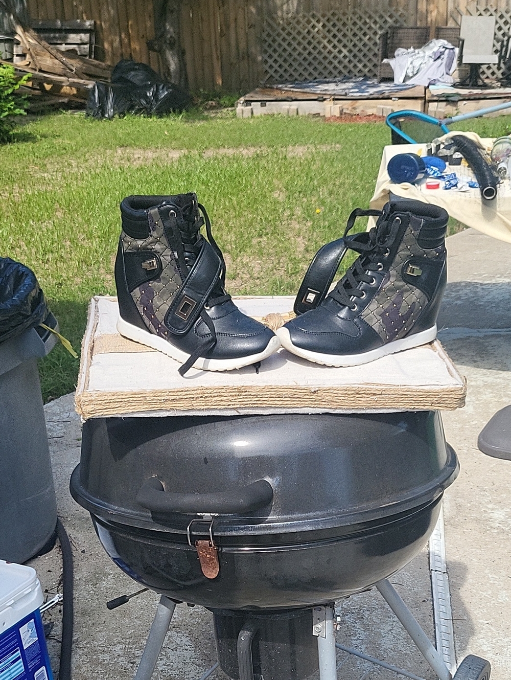 Quilted Wedge Sneaker Boots in Black and Green Camoflafe, Lace Ups And Buckle